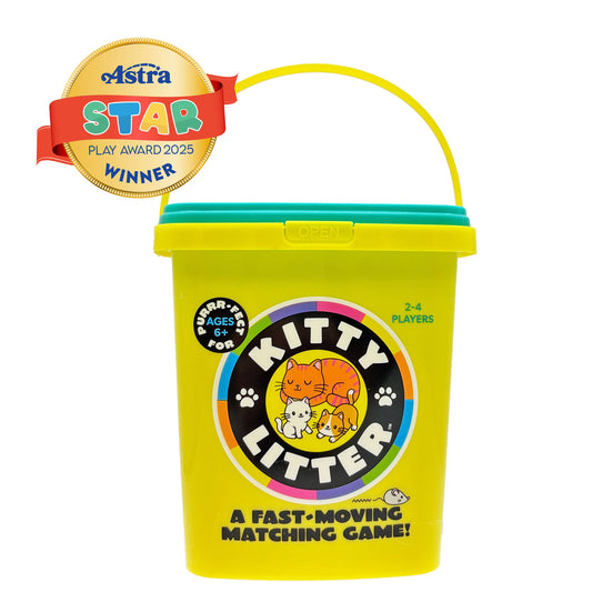 Kitty Litter Fast-Action Matching Game in a yellow bucket with cartoon cats, Astra Star Play Award 2025 badge.