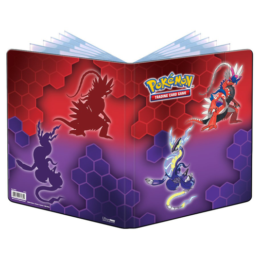 Pokemon Kor and Mir 9-pocket card binder with Koraidon and Miraidon art, red and purple hexagon design.