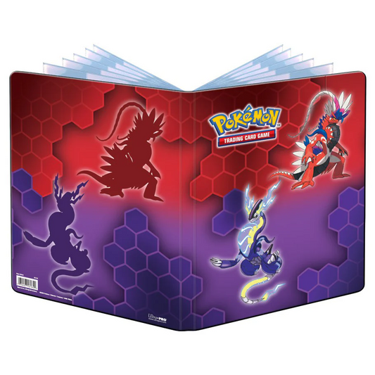 Pokemon Kor and Mir 9-pocket binder with red and purple covers featuring Koraidon and Miraidon artwork.