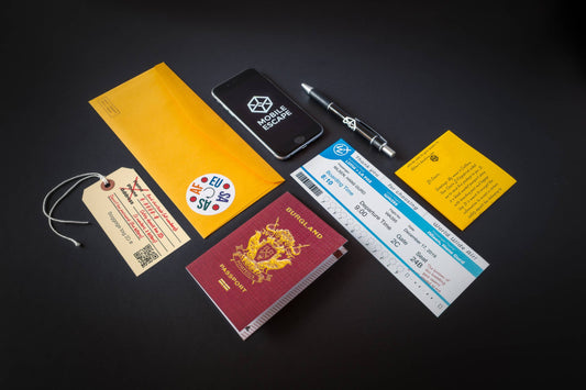 Passport, boarding pass, phone, pen, envelope, and Family Secrets Series: Episode 4 - On The Run.