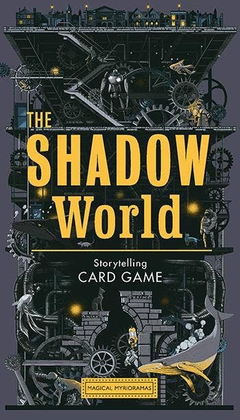 The Shadow World game box cover with gears, shadowy figures, and city myrioramas above and below ground.