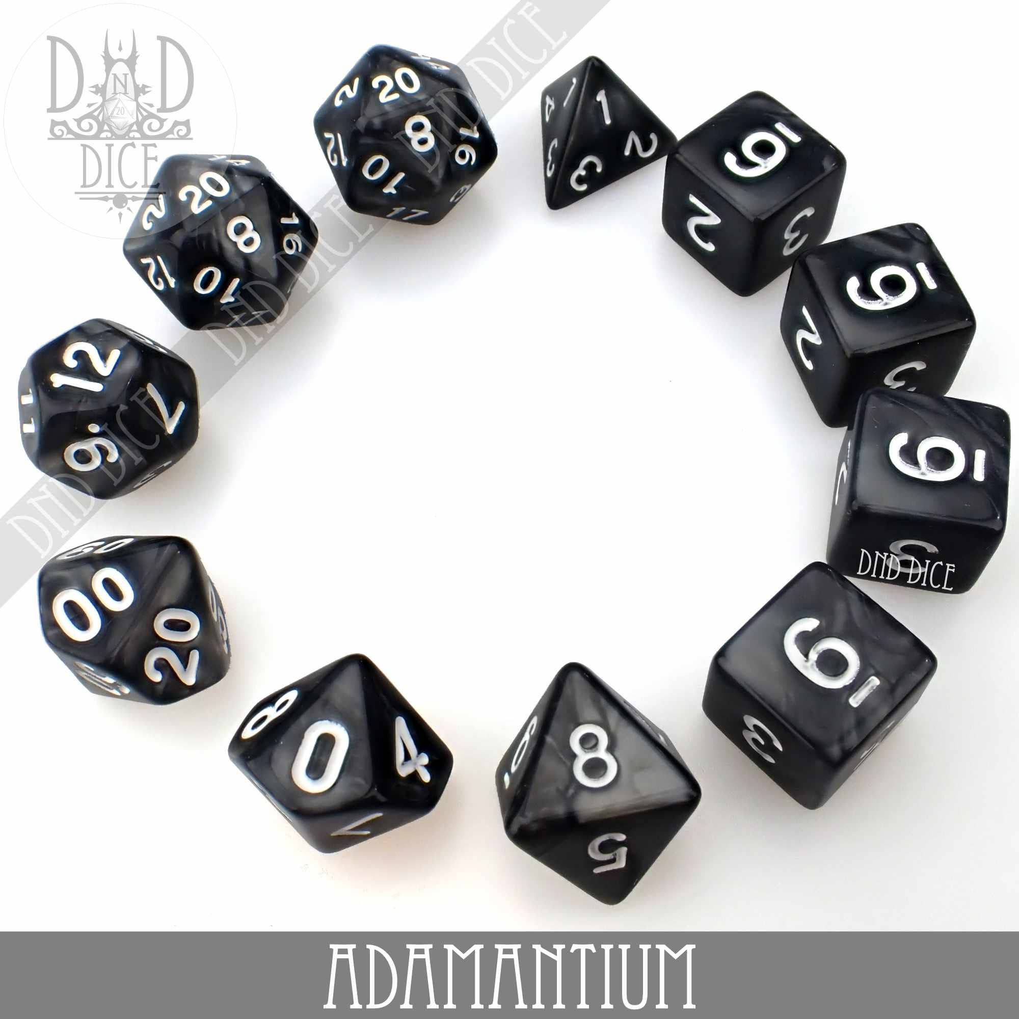 Black acrylic dice with white circular numbers, available in 7-dice or 11-dice sets.
