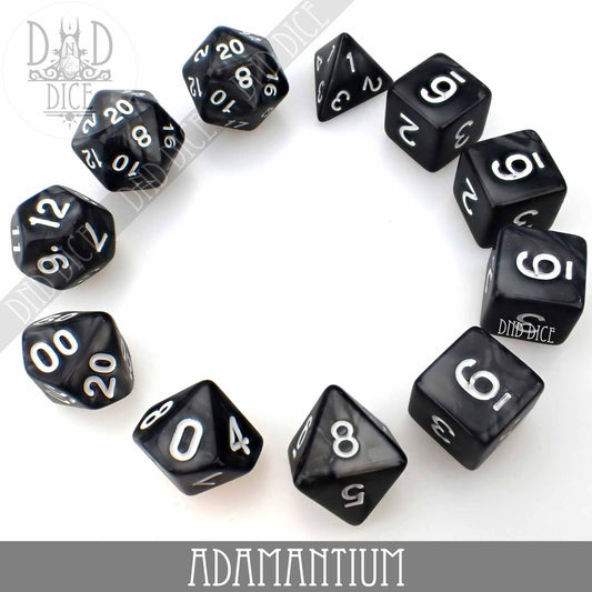 Black acrylic dice with white circular numbers, available in 7-dice or 11-dice sets.