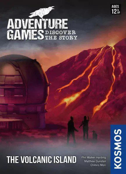 Adventure Games: Volcanic Island board game with three people and a dog near an observatory and volcano at sunset.