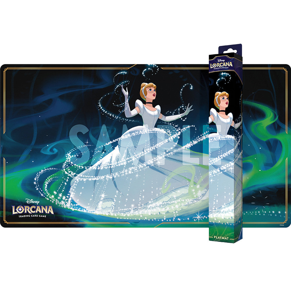 Lorcana Fabled Playmat: Bibbidi Bobbidi Boo featuring Cinderella, magical sparkles, and an elegant dress.