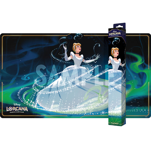 Lorcana Fabled Playmat: Bibbidi Bobbidi Boo featuring Cinderella, magical sparkles, and an elegant dress.