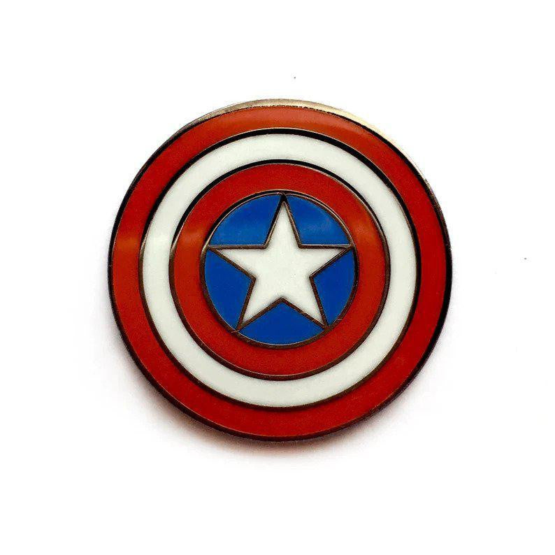 Kolorspun Pins Captain America Hero enamel pin with red, white, and blue circles and a central white star.