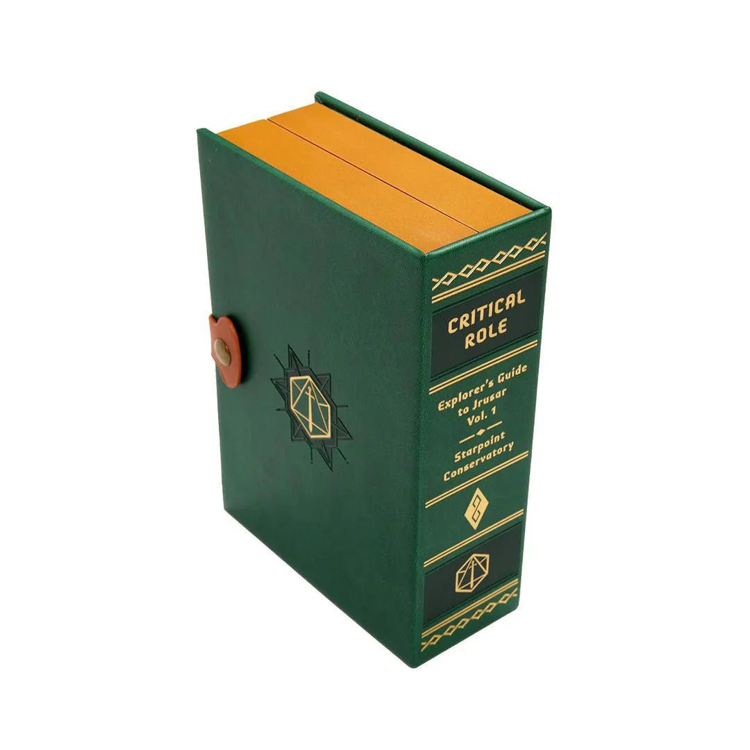Critical Role Dice Tome Rolling Tray, green book-shaped with gold designs, Explorer’s Guide to Wildemount Vol 1.