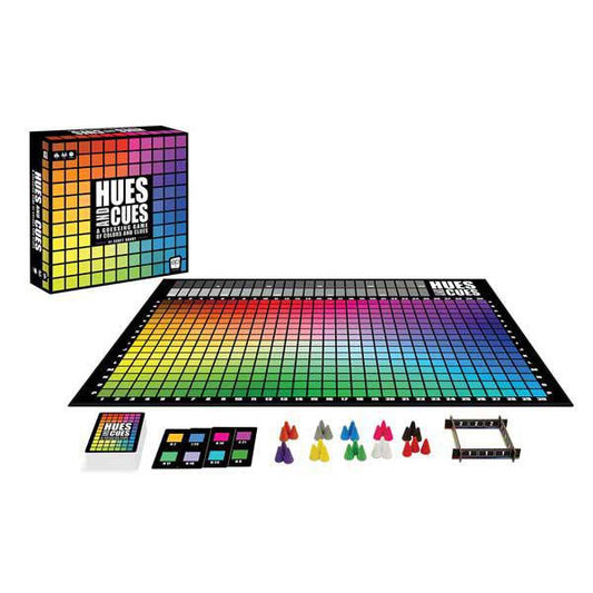 Hues & Cues party game set with grid board, box, cards, pawns, and score trackers.