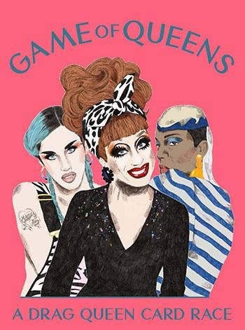 Game of Queens card game packaging featuring illustrated drag queens and product title on a pink background.