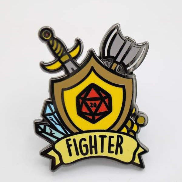Banner Class Pins: Fighter enamel pin with sword, axe, crystals, shield, and red d20 design.