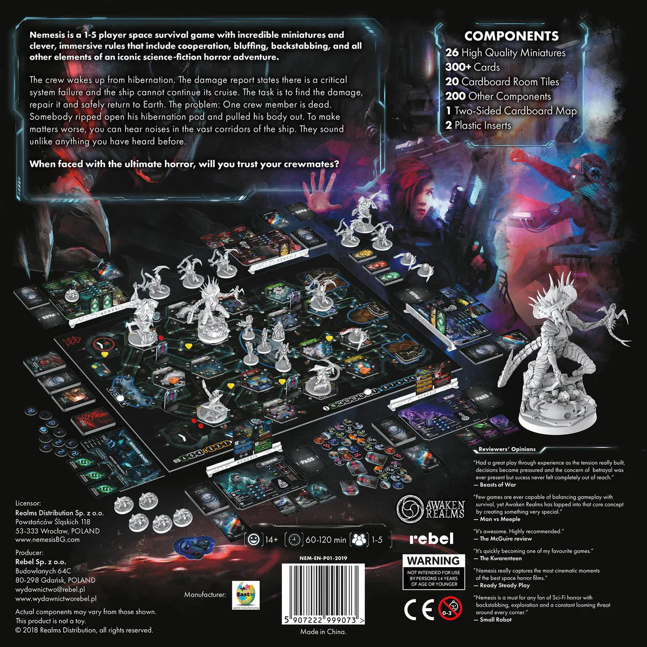 Nemesis board game box back with components, miniatures, and sci-fi horror art of aliens and astronauts.
