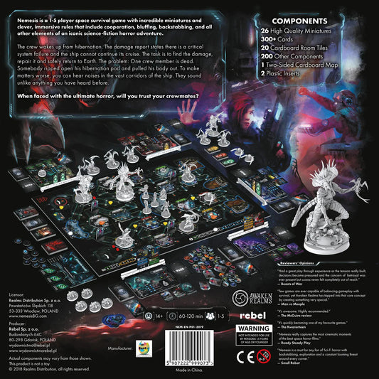 Nemesis board game box back with components, miniatures, and sci-fi horror art of aliens and astronauts.