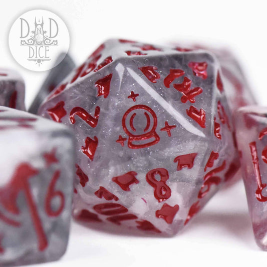 Enchanted Items gray and white marbled polyhedral dice with red numbers; D&D Dice logo in corner.