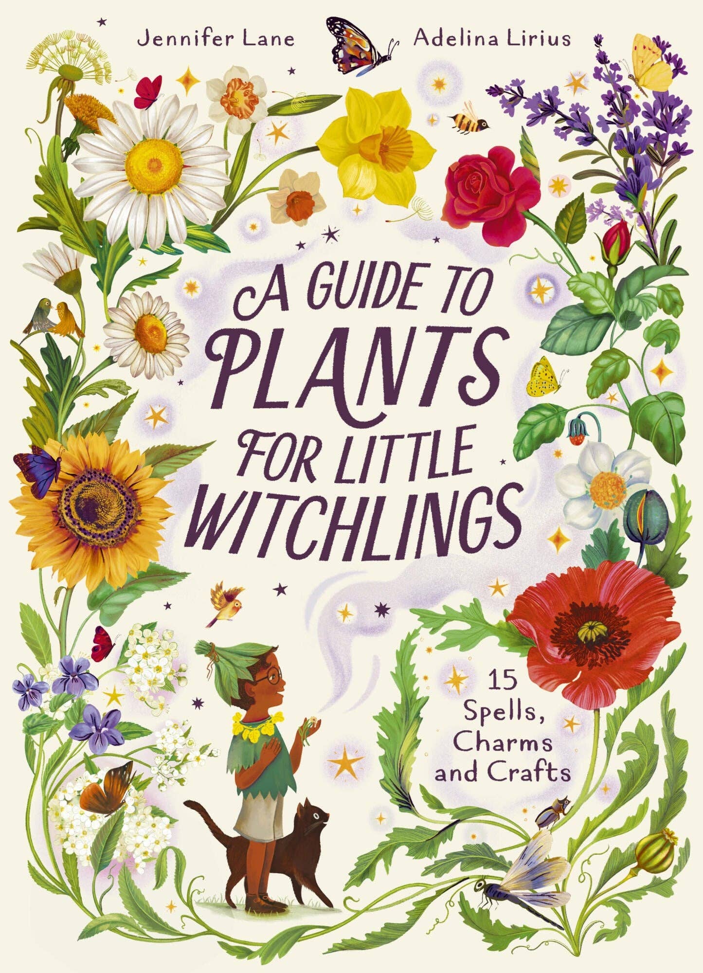 A Guide to Plants for Little Witchlings book cover featuring flowers, a girl in a hat, and a cat.