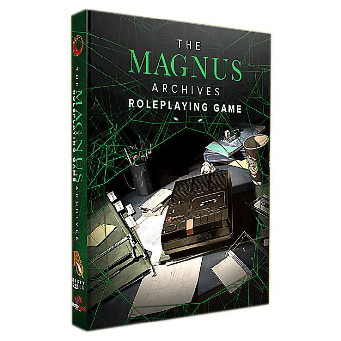The Magnus Archives Roleplaying Game box cover featuring a desk with papers, files, and a tape recorder.