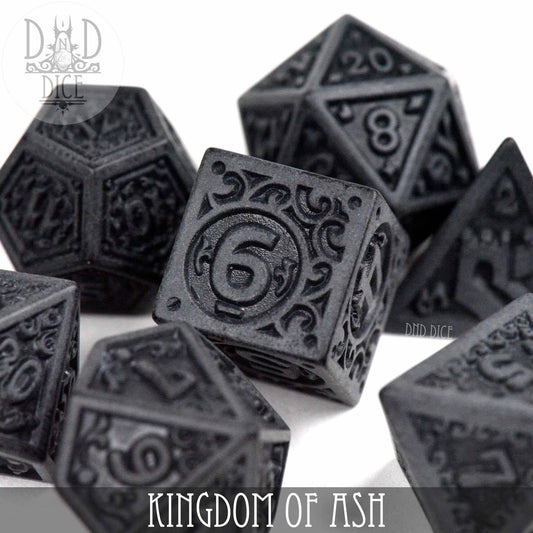 Kingdom of Ash acrylic 7-dice set for DND and tabletop gaming.