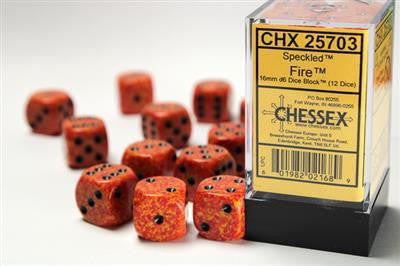 Twelve orange speckled 16mm dice with black pips, Speckled 16mm d6 Fire by Chessex.