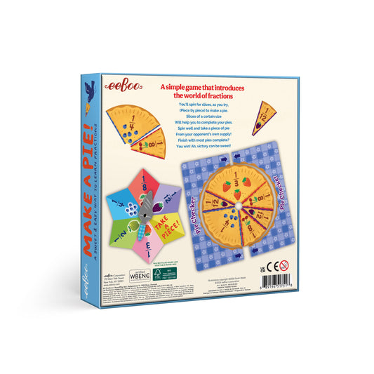 Back of Make a Pie Game box showing game board, pieces, spinner, and instructions.