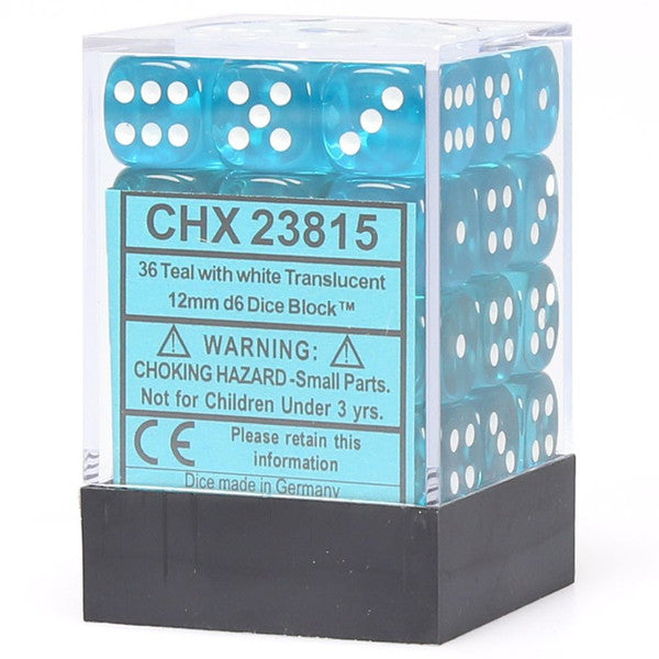 Translucent Teal/White 36d6 set with 36 teal 12mm dice and included safety and product information.