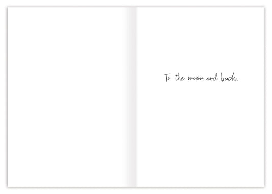 Moon Over Water Anniversary Card featuring “To the moon and back” in cursive, illustrated by Sarah Forster.