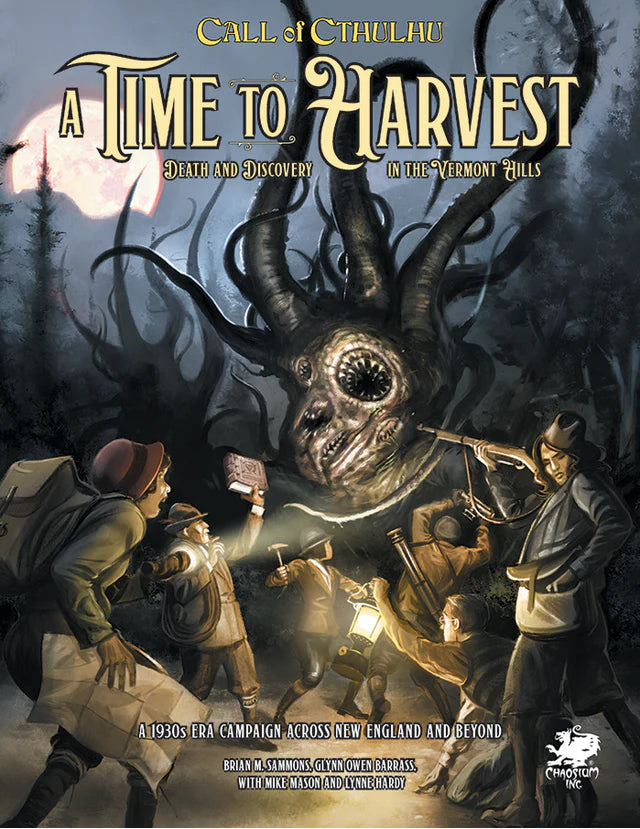 Call of Cthulhu: A Time to Harvest book cover showing three confronting a tentacled monster in 1920s Vermont.
