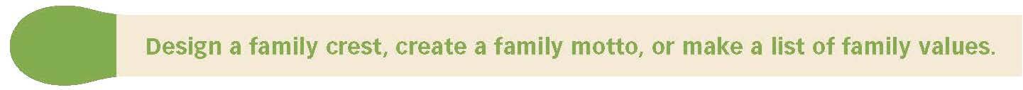 Spark Family Creativity green tab with screen-free prompts for mottos, values, and creating a family crest.