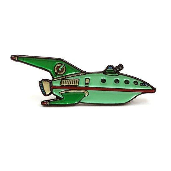Kolorspun Planet Express Futurama green enamel pin with retro spaceship, fin, and round windows.