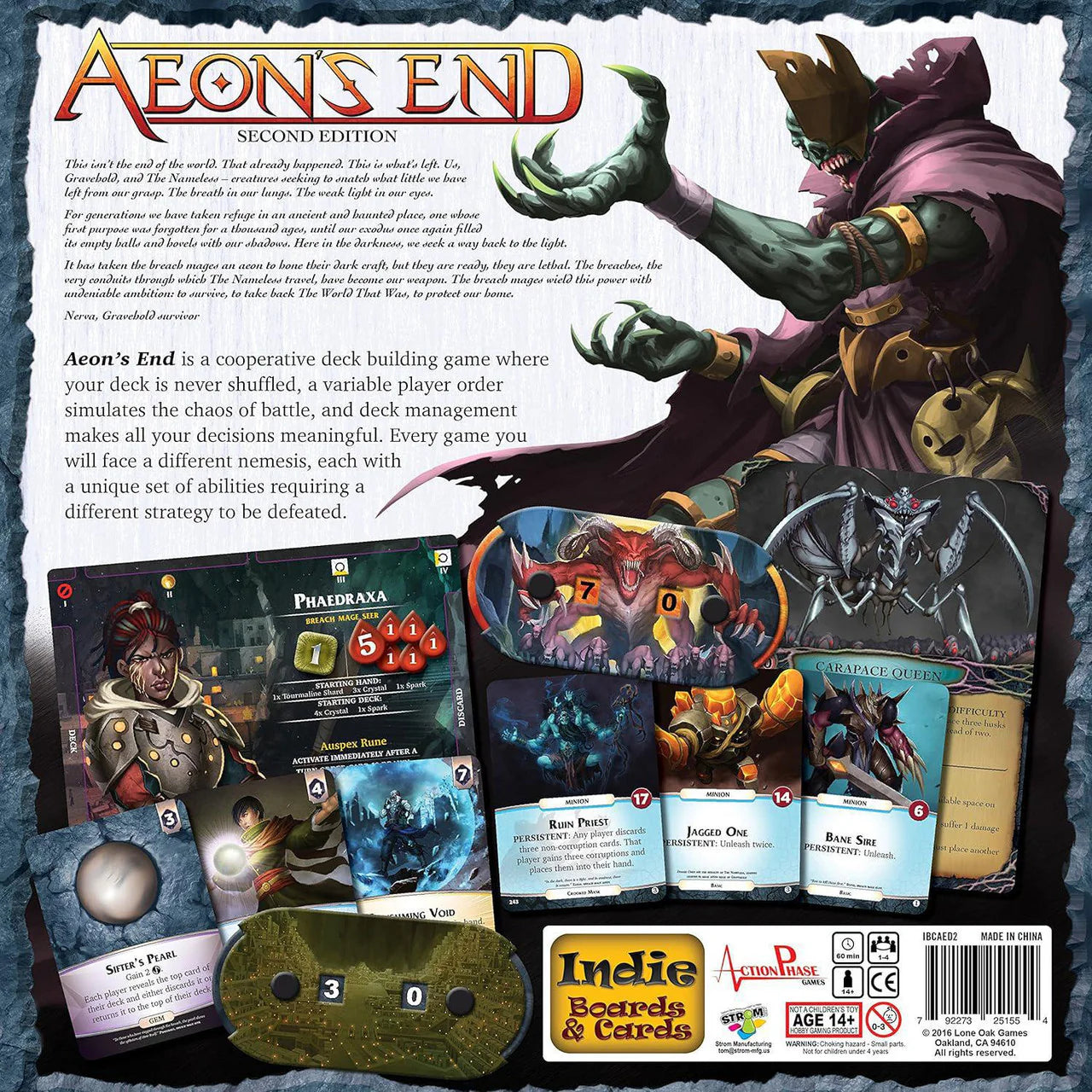 Back of Aeons End (2nd Edition) showing breach mages, game information, components, and dark fantasy artwork.