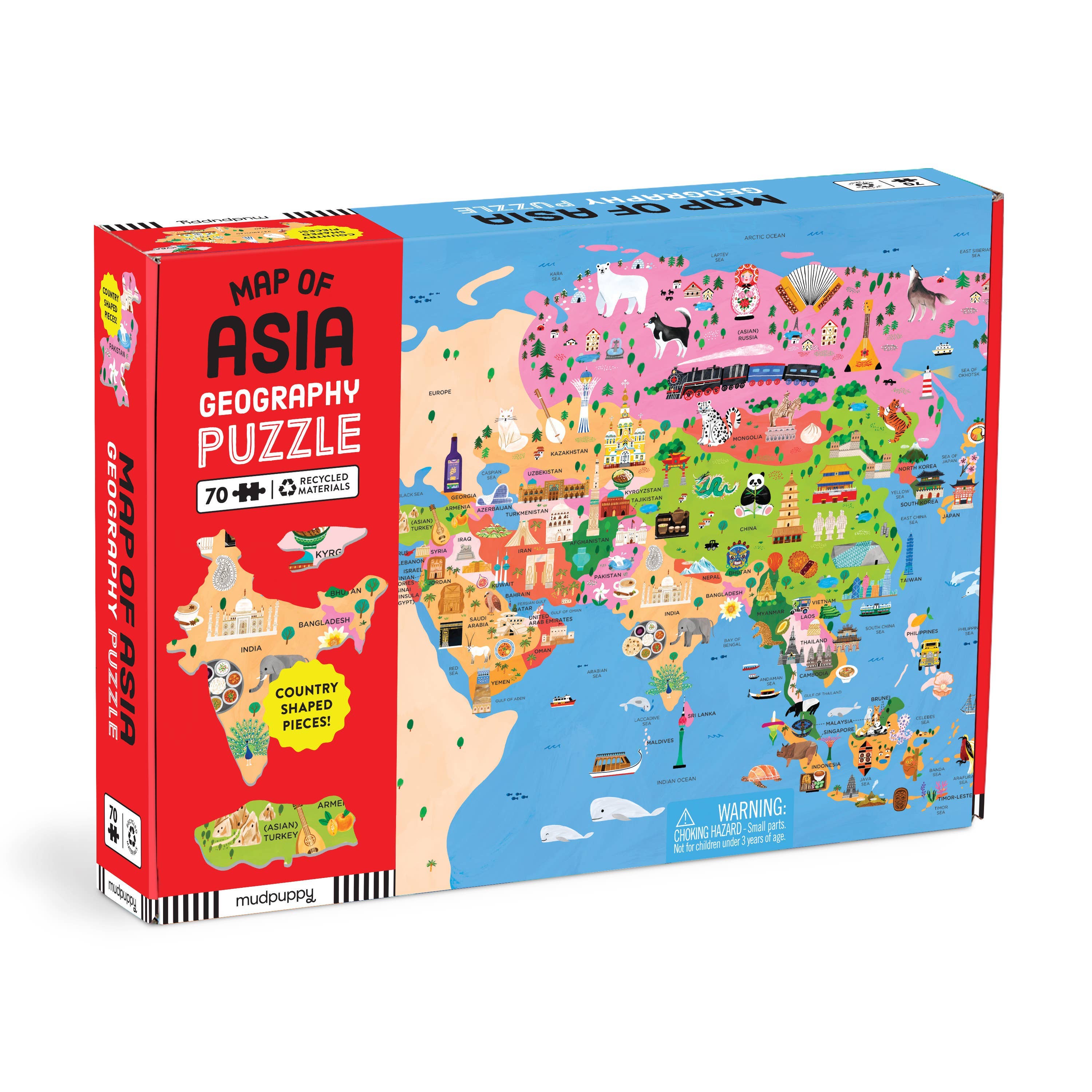 Map of Asia 70-piece geography puzzle with country-shaped pieces and colorful landmarks on the box front.