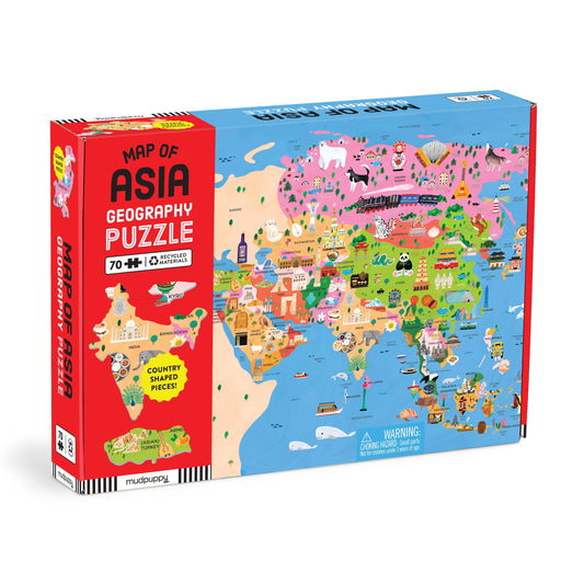 Map of Asia 70-piece geography puzzle with country-shaped pieces and colorful landmarks on the box front.