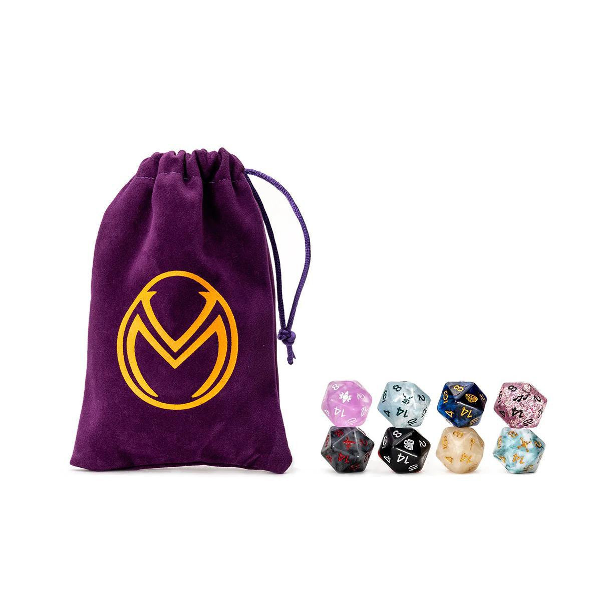 Vox Machina d20 Dice Set with seven colorful polyhedral dice and a purple velvet dice bag with yellow logo.