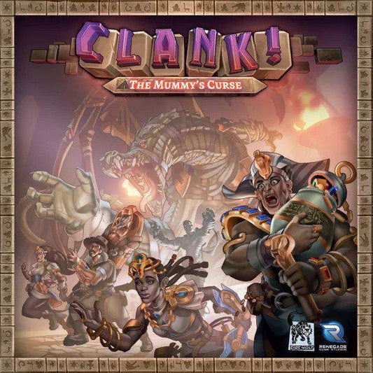 Clank The Mummys Curse Expansion box featuring adventurers, a mummy, a dragon, and treasure on the cover.