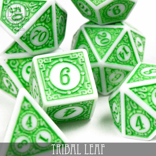 Tribal Leaf acrylic 7-dice set with green and white leaf patterns and the set name printed at the base.