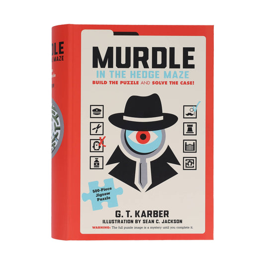 Red Murdle in the Hedge Maze 500-piece jigsaw puzzle with detective and logic puzzle theme.