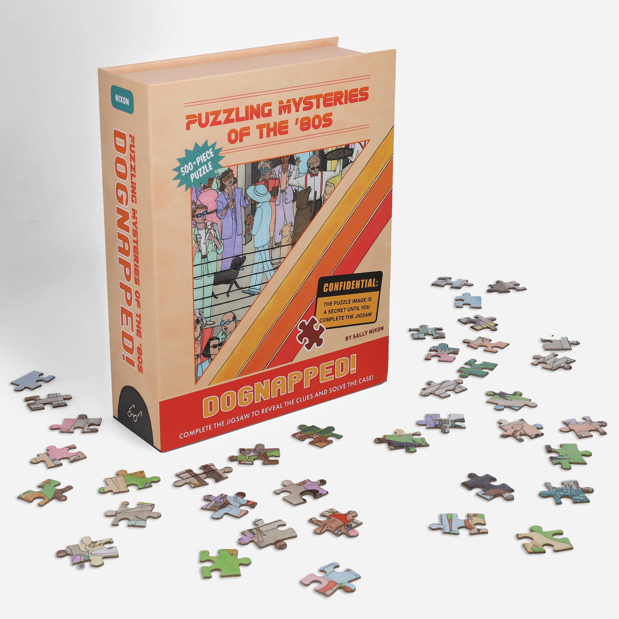Mysteries of the 80s Dognapped 500-piece jigsaw puzzle in retro book box with vintage cartoon cover art.