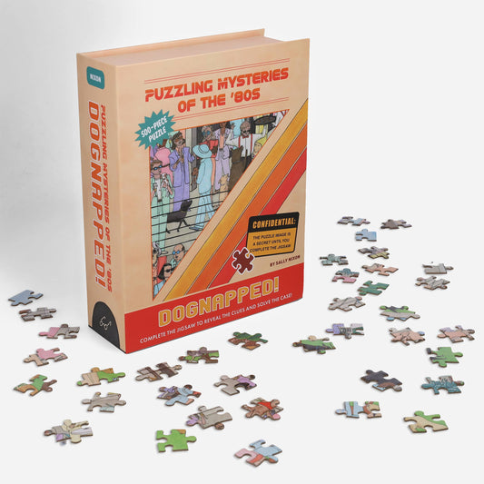 Mysteries of the 80s Dognapped 500-piece jigsaw puzzle in retro book box with vintage cartoon cover art.