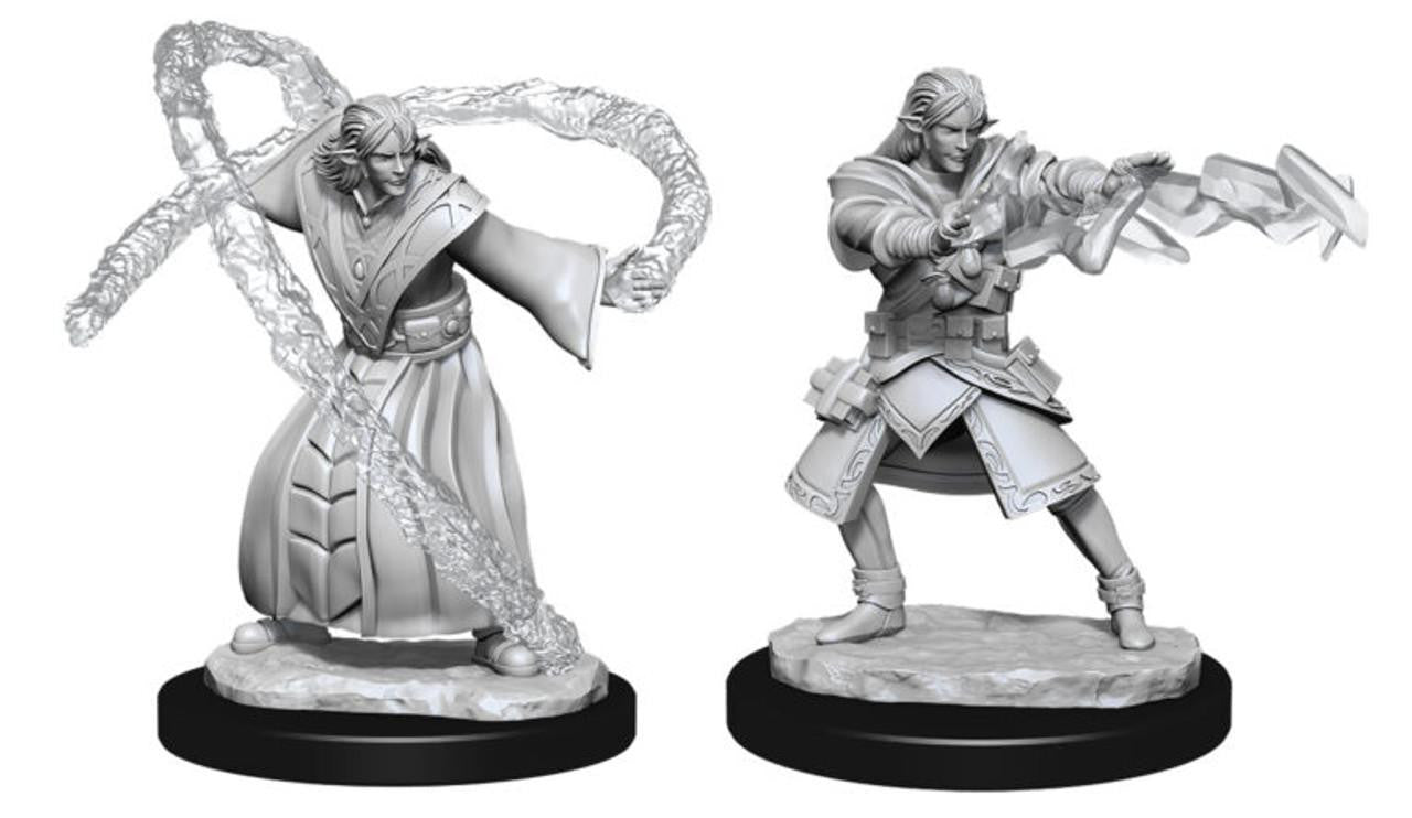 Two unpainted D&D: NMU Elf Female Wizard W3 miniatures in dynamic spell-casting poses.
