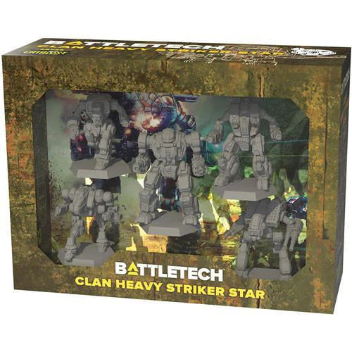 Battletech Miniature Force Pack: Clan Heavy Striker Star with five gray OmniMechs in a display window box.
