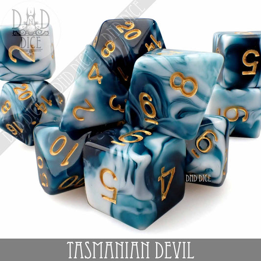 Tasmanian Devil 7 or 11 set: Blue and white marbled acrylic dice with gold numbers.