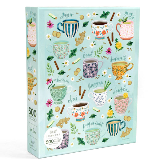 Tea Time 500 piece jigsaw puzzle with illustrated teacups, herbs, and tea names.