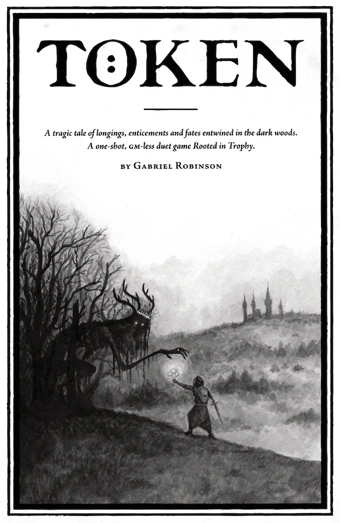 Token featuring a lone figure confronting a large, antlered monster; suitable for dark fairytale RPGs.