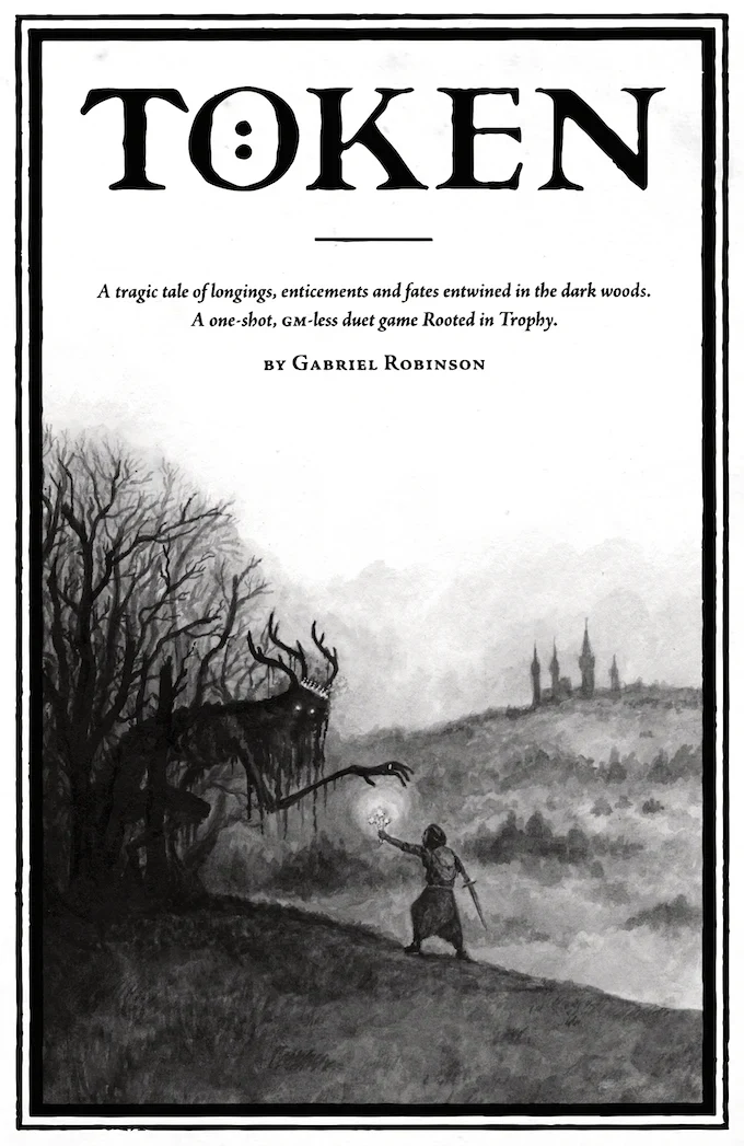 Token RPG: Tree-like creature with antlers and a person holding a glowing orb in a dark fairytale setting.