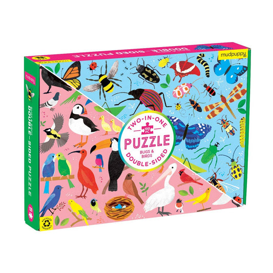 Bugs & Birds 100 Piece Double-Sided Puzzle with birds on one side and bugs on the other.