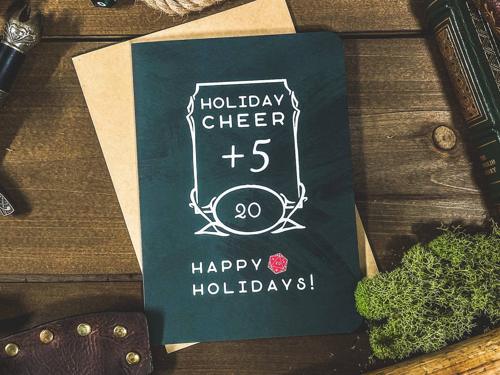 D&D Holiday Cheer +5 Card featuring text: Holiday Cheer +5, 20, Happy Holidays.