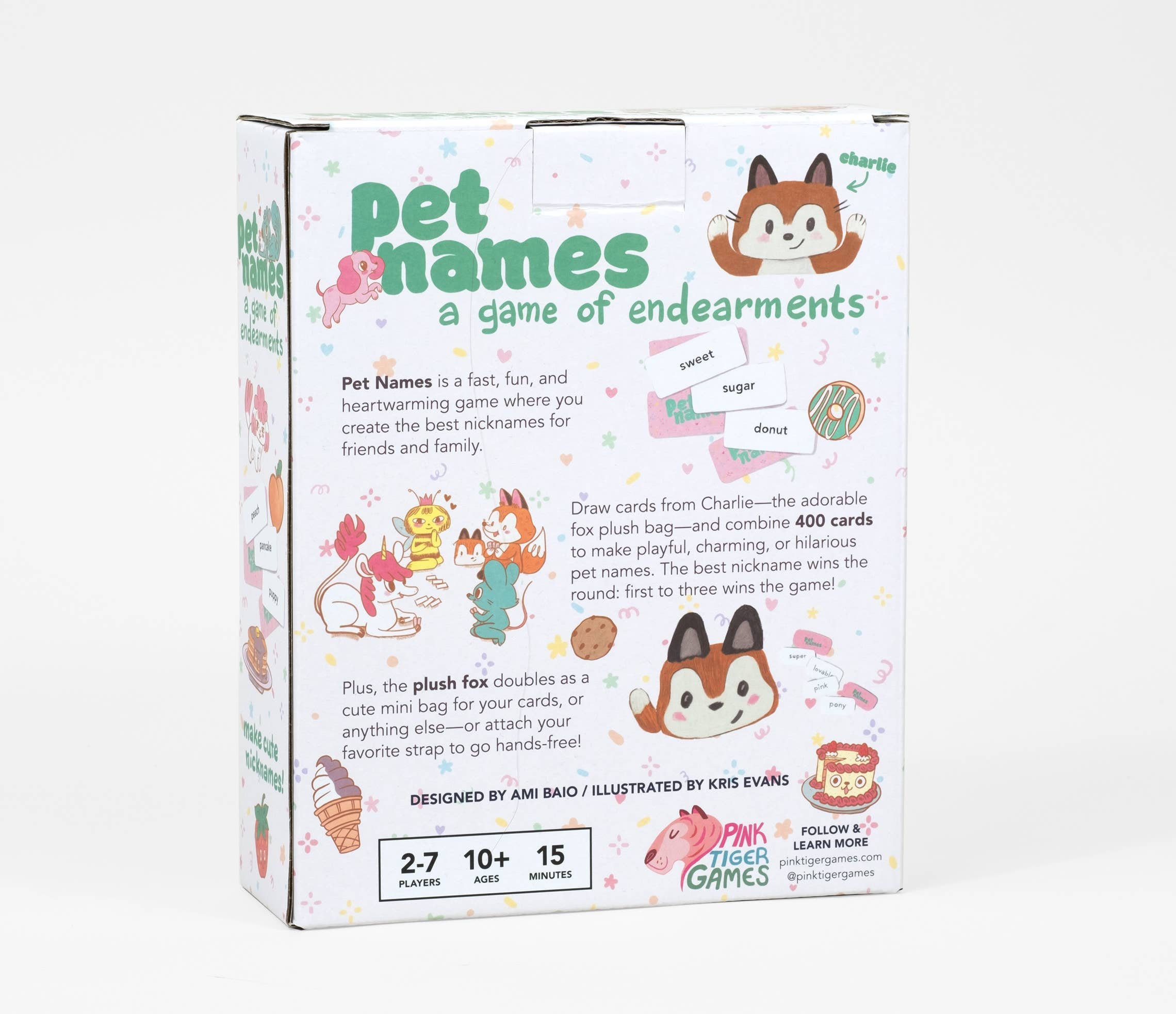 Pet Names: A Game of Endearments box with animal illustrations and included fox plush bag.