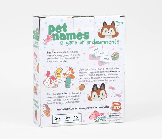 Pet Names: A Game of Endearments box with animal illustrations and included fox plush bag.