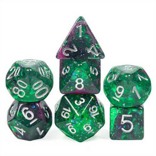 Glow Stick RPG Dice Set of green glittery resin polyhedral dice with white numbers, arranged in a small pyramid.