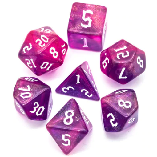 Gravity Elemental RPG Dice Set: seven purple polyhedral dice with white numbers.