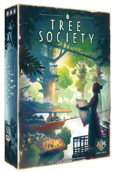 Tree Society board game box featuring artwork of a woman with blueprints and a treehouse city.